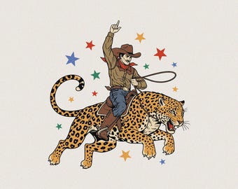 Rodeo Cowboy Riding Leopard PNG SVG | Unique Western Exotic Cowboy Illustration | Bold Sublimation for Shirts & Prints