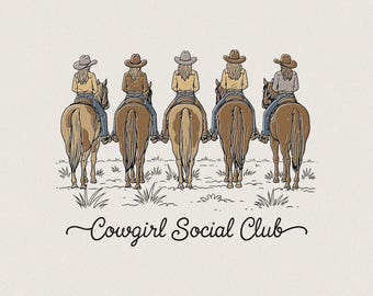 Cowgirl Social Club PNG SVG | Western Cowgirls Riding Horses Line Art | Rustic Rodeo Country Sublimation Design for Shirts & Gifts