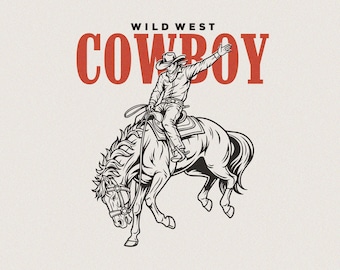 Ilustración de vaquero del lejano oeste en el desierto, PNG SVG / Ilustración vintage de vaquero del oeste / Sublimación de rodeo para camisetas y Cricut