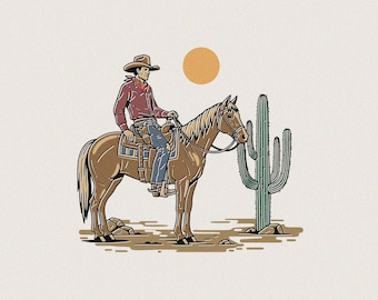 May include: Illustration of a cowboy on horseback in a desert scene. The cowboy wears a hat, red shirt, and blue jeans. A large cactus and a yellow sun are in the background. The horse is brown.
