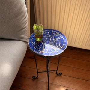 Moroccan Zellij Side Table - Bahr - Cobalt Blue, Handmade Mosaic, Wrought Iron Base, Foldable Design