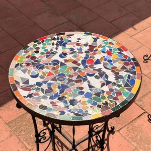 Moroccan Zellij Side Table - Sala - Multicolour unique Mosaic, Handmade Zellige Tile, Wrought Iron Base Foldable Design