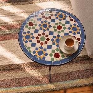 Moroccan Zellij Side Table - Nejma - Multicolour Star Mosaic, Handmade Zellige Tile, Wrought Iron Base Foldable Design