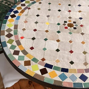Moroccan Zellij Side Table - Rmel - Sand Multicolour Border Mosaic, Handmade Zellige Tile, Wrought Iron Base, Custom Sizes