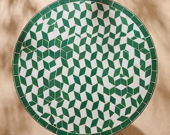 Moroccan Zellij Side Table - Khadra - Green Tumbling Cubes Mosaic, Handmade Zellige Tile, Wrought Iron Base, Custom Sizes