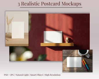 May include: Three realistic postcard mockups are displayed in this image. The postcards are blank and white, with a variety of settings, including a wooden table, a shelf, and a wooden surface with a coffee cup and pens. The text "3 Realistic Postcard Mockups" is at the top.