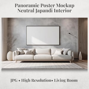 May include: A neutral Japandi interior mockup featuring a white sofa with pillows, a large blank poster, and decorative elements. The room has a gray textured wall, a wooden accent wall, and a rug. The text on the image says "Panoramic Poster Mockup Neutral Japandi Interior".