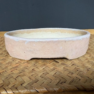 Può includere: Una fioriera in ceramica rosa chiaro, di forma ovale, con interno colorato chiaro. La fioriera ha un profilo basso con una superficie leggermente strutturata e un design semplice. Si trova su un tappetino intrecciato.