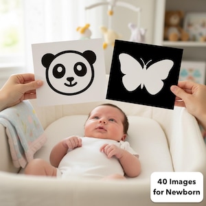 Può includere: Un neonato in un body bianco guarda due immagini in bianco e nero: una faccia di panda e una farfalla. Il bambino è in una culla bianca. Il testo "40 Images for Newborn" si trova in basso a destra nell'immagine.