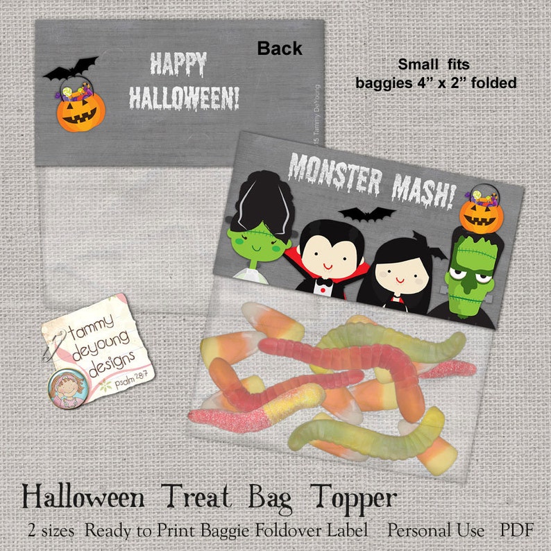 May include: Printable Halloween treat bag topper with a monster mash theme. The topper features a black and white illustration of a vampire, a Frankenstein, a witch, and a monster. The text "Monster Mash!" is printed in black on a white background. The topper is designed to fit a 4 inch by 2 inch bag.