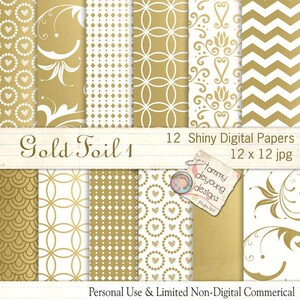 Papel folha de ouro * Papel digital dourado metálico 1 "padrões dourados elegantes, chevron dourado, geometria, corações, para cartões feitos à mão