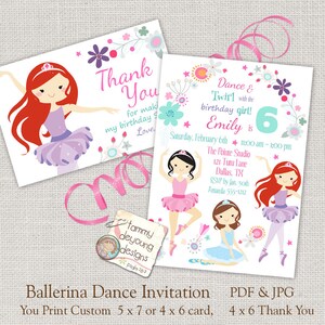 Girls Ballerina Birthday Party Invitation, Dance party invitation, Printable invite for kids, Ballet Thank You note, girls birthday party image 1