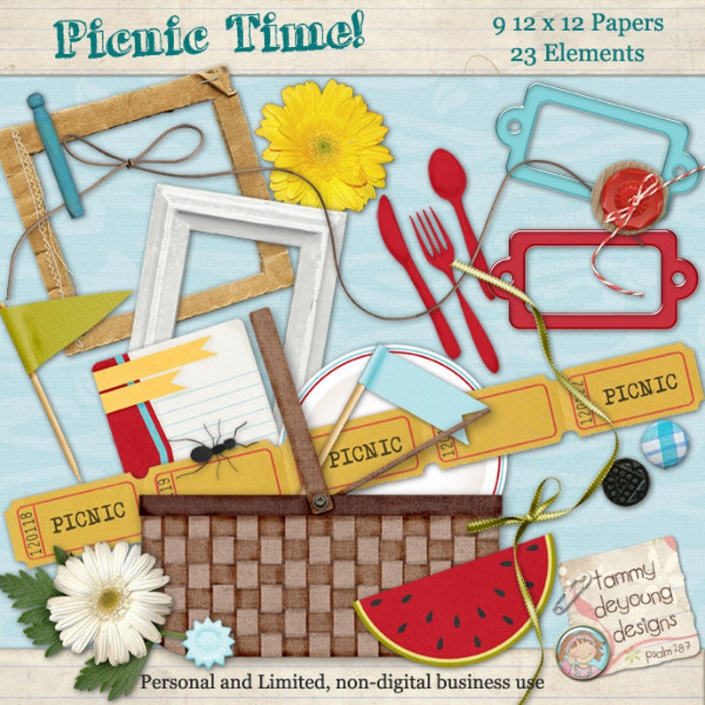 May include: A digital scrapbook kit with a picnic theme. The kit includes 9 papers, 23 elements, and images of a picnic basket, watermelon, flags, frames, and a picnic ticket. The text "Picnic Time!" is at the top of the image.