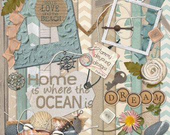 Strand Scrapbook Kit 2, nautische digitale papers & Oceaan glinsterende clip art, het thema van de oever van de zee voor uitnodigingen, bruiloften, plakboeken, kaarten, sjofele Decor