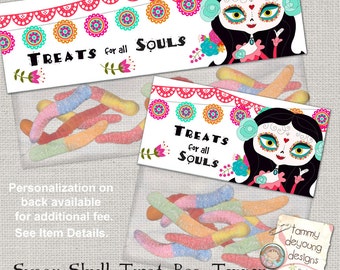 Sugar Skull Halloween Goodie Bag Label, Sugar Skull Party Favors Printable, Halloween treat bag topper, Day of the Dead candy loot bag