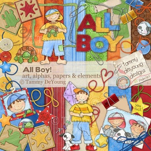 Ragazzo Digital Clipart Scrapbook Kit per cartoline, biglietti d'auguri, inviti, annunci