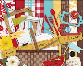 Picknick digitale papier Scrapbook Kit, picknick clipart en retro vintage stijl tafelkleed papieren voor zomer & lente papier knutselen