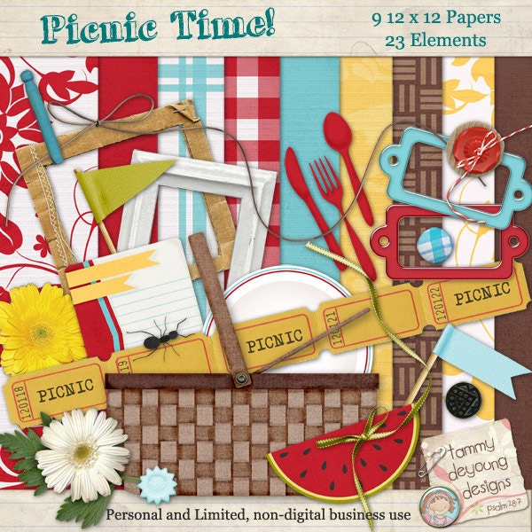 Picnic Digital Paper Scrapbook Kit, picnic clipart and retro vintage style tablecloth papers  for summer & spring paper crafting