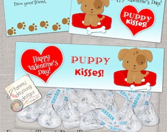 Puppy Dog Valentine Treat Bag Toppers, candy kisses, Valentine Party Favor tags, preschool Valentines for kids, boys, girls snack bag labels