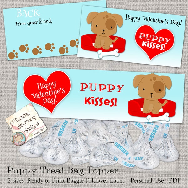 Puppy Dog Valentine Treat Bag Toppers, candy kisses, Valentine Party Favor tags, preschool Valentines for kids, boys, girls snack bag labels