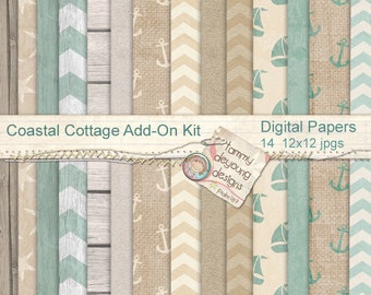 Strand digitale Papers, armoedig huisje jute wordt afgedrukt, nautische papers, anker prenten, teal en bruine rustieke bruiloften, plakboeken, home decor