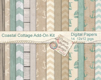 Beach Digital Papers, shabby cottage burlap prints, Nautical papers, Anchor prints, teal and brown rustic weddings, scrapbooks, home decor