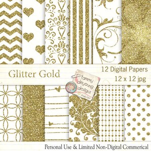 Gold Glitter Digital Paper, Faux Glitter Backgrounds with with hearts, damask, geometrics, polka dots, chevron