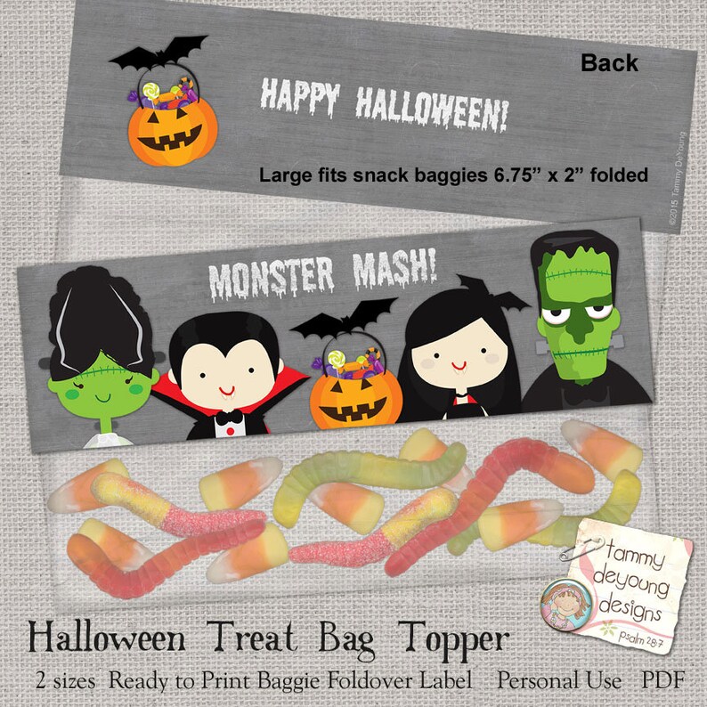 May include: Printable Halloween treat bag topper with a monster mash theme. The topper features a Frankenstein, a vampire, a witch, and a ghoul. The text "Monster Mash!" is printed in white on a gray background. The topper is designed to fit snack baggies that are 6.75 inches by 2 inches when folded.