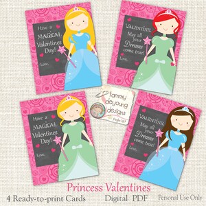 Valentine Day cards for kids, Princess Valentines for girls, school Valentine, Cinderella Printable Valentine tags, blonde, brunette, ginger
