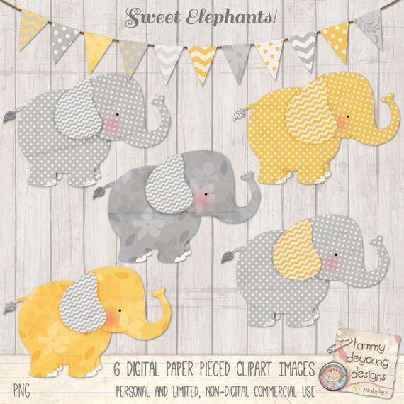 Baby Elephant Clip Art, Yellow & Gray Nursery Art, Digital Elephant clipart for baby shower invites nursery decor, scrapbooks, announcements