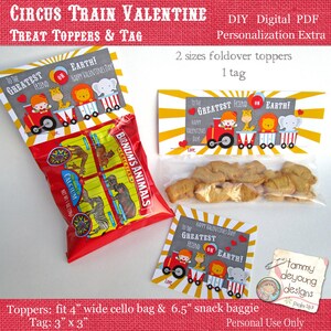 Circus Valentine Treat Bag Toppers & Tag, Train Valentine, Animal Valentines para niños, Etiquetas imprimibles de San Valentín, niños, niñas tarjetas escolares