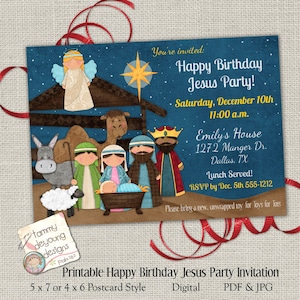 Christmas Party-Einladung, alles Gute zum Geburtstag Jesus einladen, religiöse Weihnachtsfeier einladen druckbare Posadas, Krippe Kinder Weihnachten