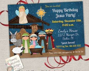 Christmas Party Invitation, Happy Birthday Jesus Party Invite, Religious Christmas Party, Printable Posadas, Nativity Kids Christmas Invite