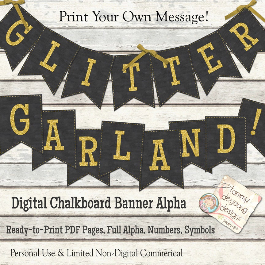 Chalkboard Wedding Pennants Gold Glitter Alphabet Letters, Digital Graduation party decorations, bunting, birthday. anniversary, Christmas