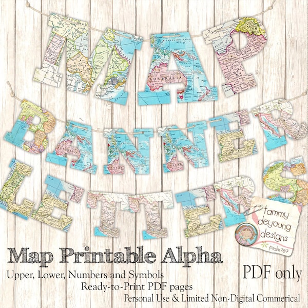 Map Banner Garland Printable, World Map Alphabet, Letters for travel decor, custom party bunting, graduation banner, weddings, map theme