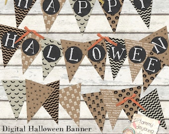 Estandarte de Halloween, Guirnalda de Halloween de arpillera, Decoración de Halloween imprimible, Letras de pizarra Digital Halloween Bunting, murciélagos, calaveras, arañas