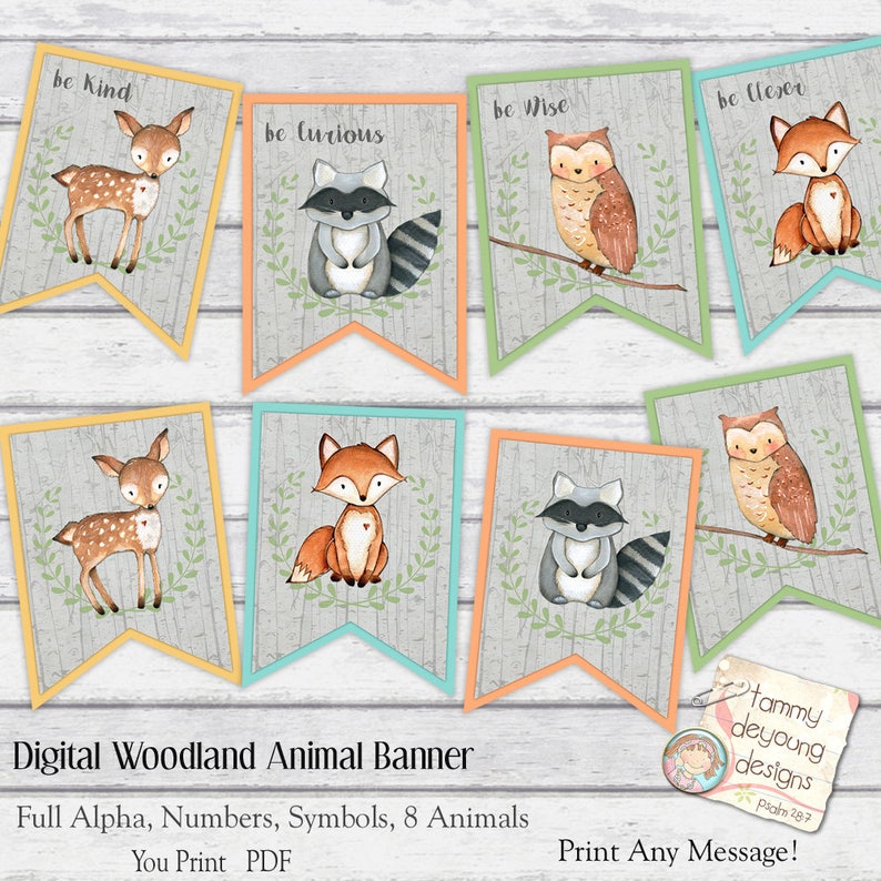 Woodland Animal Banner, Digital Alphabet Garland Woodland Baby Shower Bunting, Nursery Decor, party decoration Fox Deer Raccoon Owl Pennants image 3