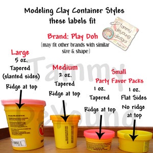 May include: Four containers of modelling clay in different sizes. The containers are yellow and pink with labels that say "Play Doh". The containers are labelled "Large 5 oz", "Medium 2 oz", "Small 1 oz Tapered", and "Small 1 oz Flat Sides".
