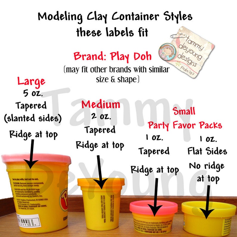 May include: Four containers of modelling clay in different sizes. The containers are yellow and pink with labels that say "Play Doh". The containers are labelled "Large 5 oz", "Medium 2 oz", "Small 1 oz Tapered", and "Small 1 oz Flat Sides".