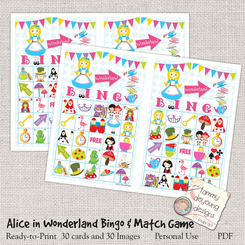 Bingo for Kids Alice in Wonderland Bingo Game Tea Party Game Printable Picture Bingo Digital Alice in Wonderland Birthday Party Game