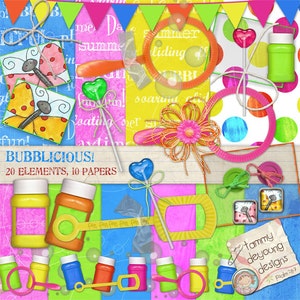 Bright Digital Paper, Summer Fun Scrapbook Kit, "neon" magenta, yellow, green, blue childrens' photo frames, bubblewand frames