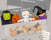 Halloween Treat Bag Topper *Halloween Labels* Party Favors Printable in chalkboard style with witch, Frankenstein, mummy and pumpkin