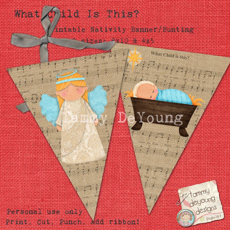 May include: Printable Christmas banner with a burlap background and musical notes. The banner features a blue angel with a halo and a baby Jesus in a manger. The text "What Child is This?" is printed on the banner. The banner is available in two sizes: 2x10 and 4x5.