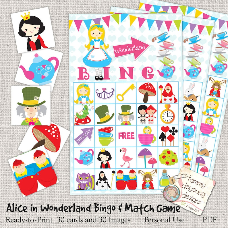 Bingo for Kids Alice in Wonderland Bingo Game Tea Party Game Printable Picture Bingo Digital Alice in Wonderland Birthday Party Game