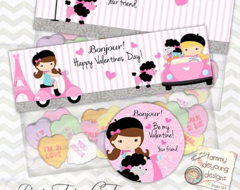 May include: Printable Valentine's Day bag topper and round label featuring a cartoon girl with a poodle and the text "Bonjour! Be my Valentine! Your friend."