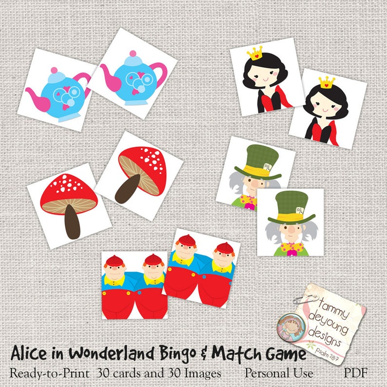 Bingo for Kids Alice in Wonderland Bingo Game Tea Party Game Printable Picture Bingo Digital Alice in Wonderland Birthday Party Game