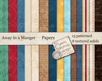 May include: A digital paper pack with 13 patterned and 8 textured solid papers. The papers feature a variety of colors and designs, including red, blue, green, yellow, brown, and white. The text "Away in a Manger Papers" is at the top of the image. The text "tammy deyoung designs" is in a circle at the bottom of the image.
