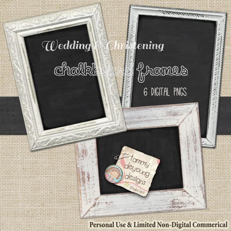 Op de afbeelding: Zes digitale PNG-bestanden van witgekalkte krijtbordlijsten. De lijsten zijn perfect voor huwelijks- of doopankondigingen. De tekst "Wedding & Christening chalkboard frames 6 DIGITAL PNGS" is zichtbaar in de afbeelding.