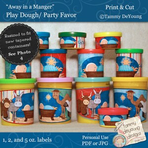 Printable Nativity Christmas Party Favors, Manger Scene labels for Play Doh® cans, kids stocking stuffer religious Christmas toy, Baby Jesus