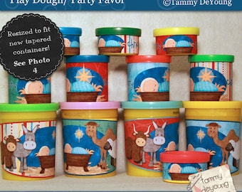 Printable Nativity Christmas Party Favors, Manger Scene labels for Play Doh® cans, kids stocking stuffer religious Christmas toy, Baby Jesus